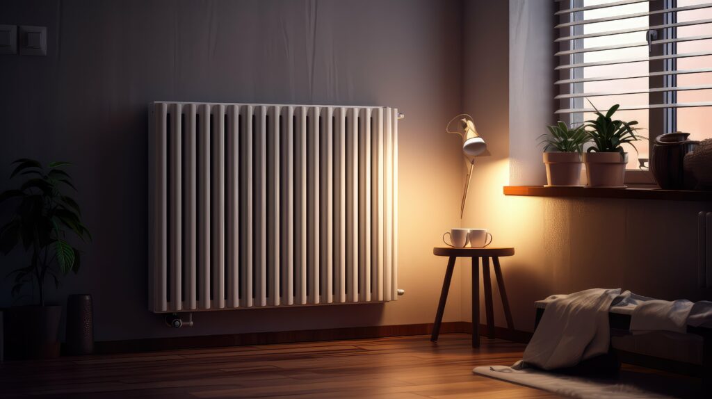 Heizung in einer Wohnung, daneben eine Lampe mit Licht